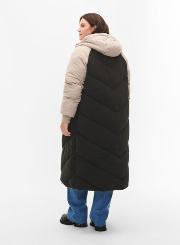Lange kleurblokken winterjas met capuchon., Black Comb, Model image number 1