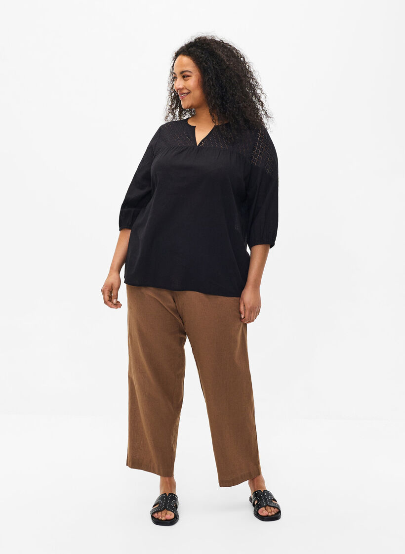 Blouse van katoenmix met linnen en gehaakt detail, Black, Model image number 2