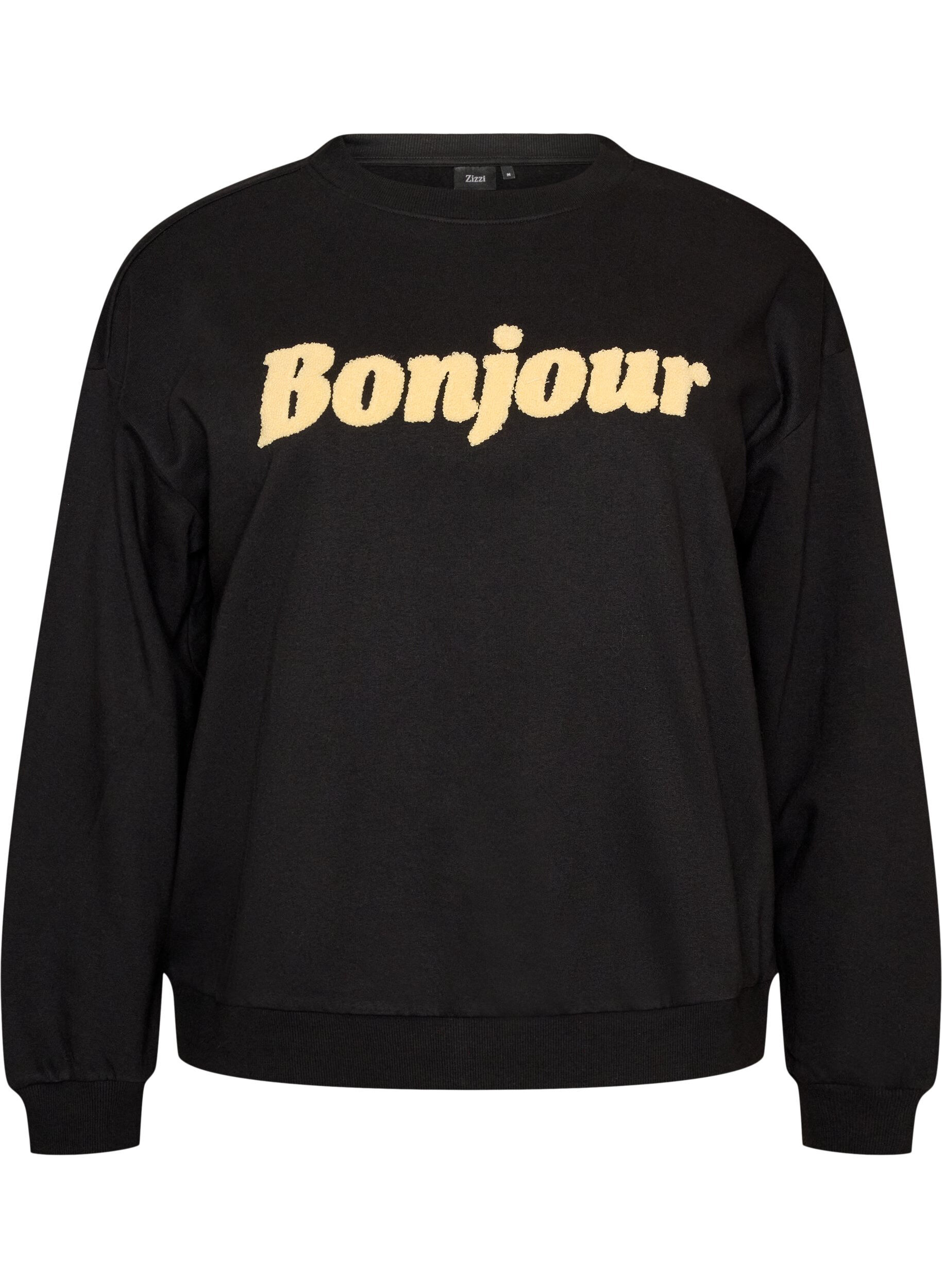 ZizziSweatshirt met boucl&eacute;-tekstmotief, Zwart, Packshot image number 0