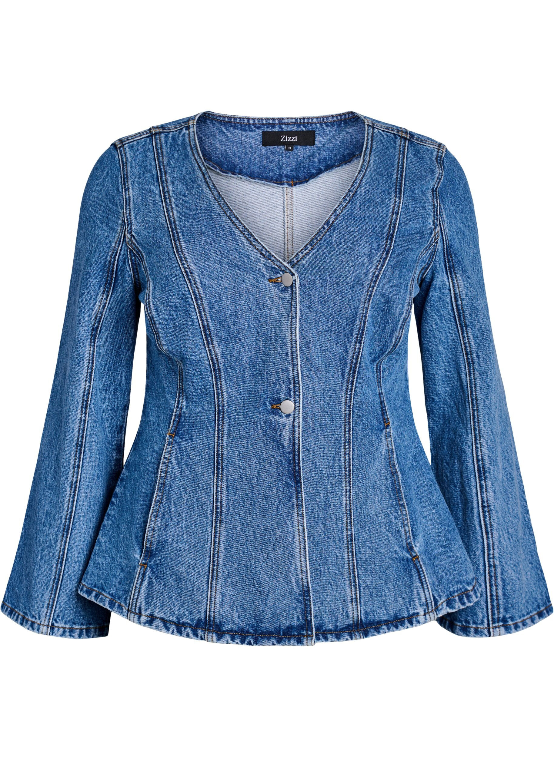 Zizzi Denimjack met vormende naden en een V-hals, Blauw, Packshot image number 0