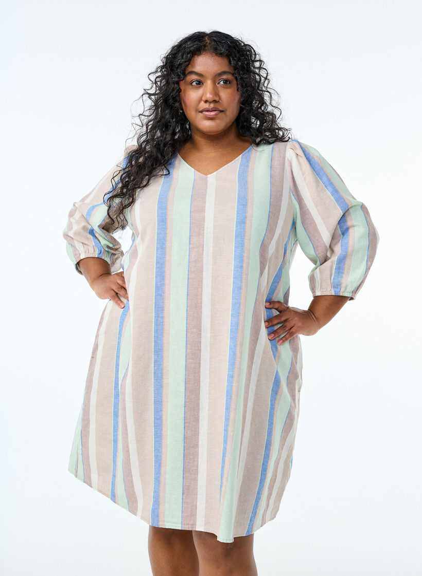 Korte jurk in linnen en viscose met 3/4 mouwen, Blauw, Model image number 0