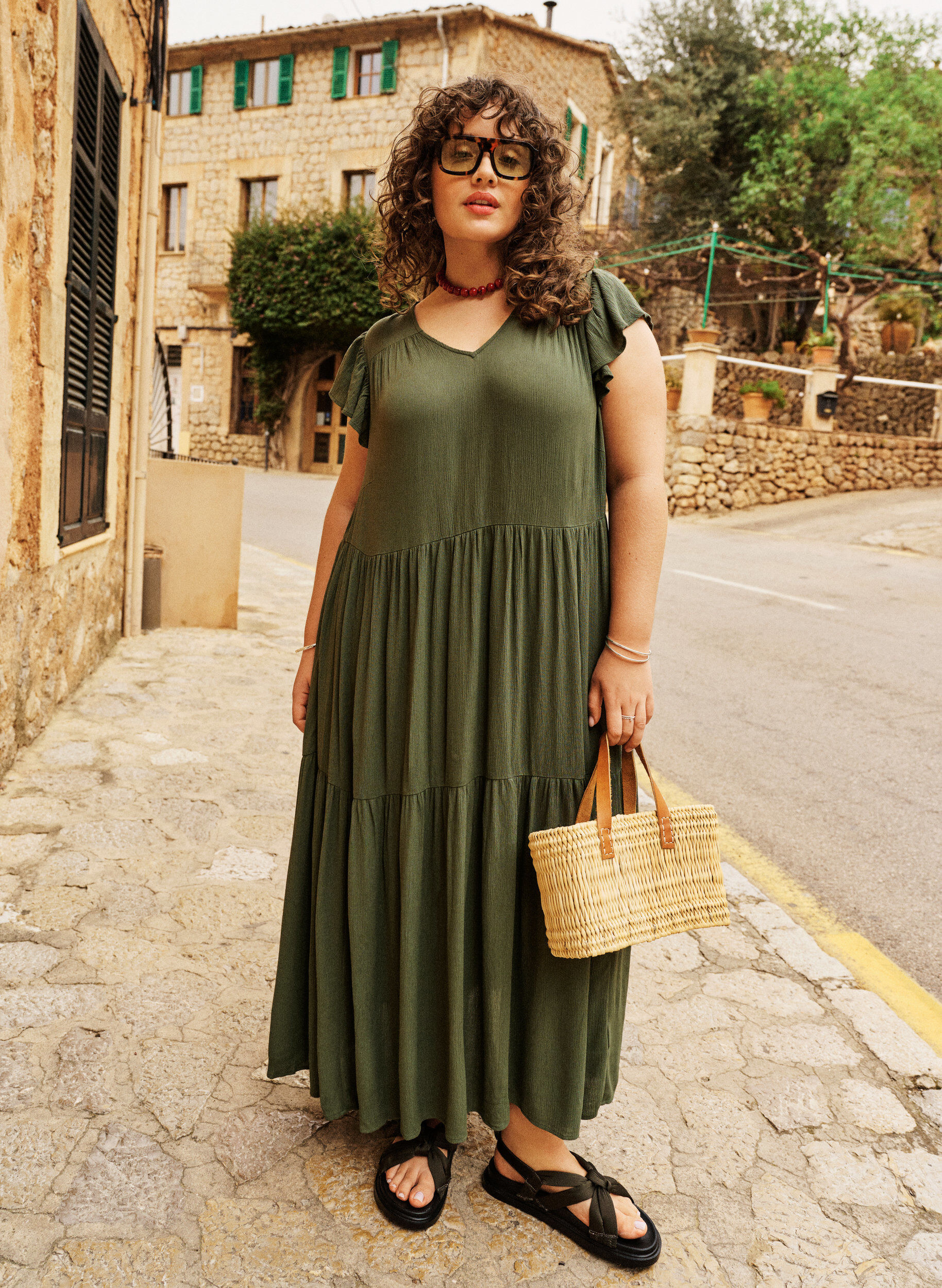 Midi jurk van viscose met ruches mouwen
