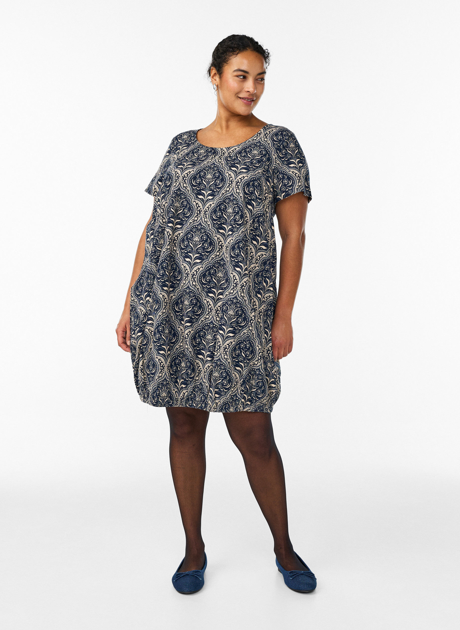 Zizzi Katoenen jurk met korte mouwen en print, Blauw, Model image number 1