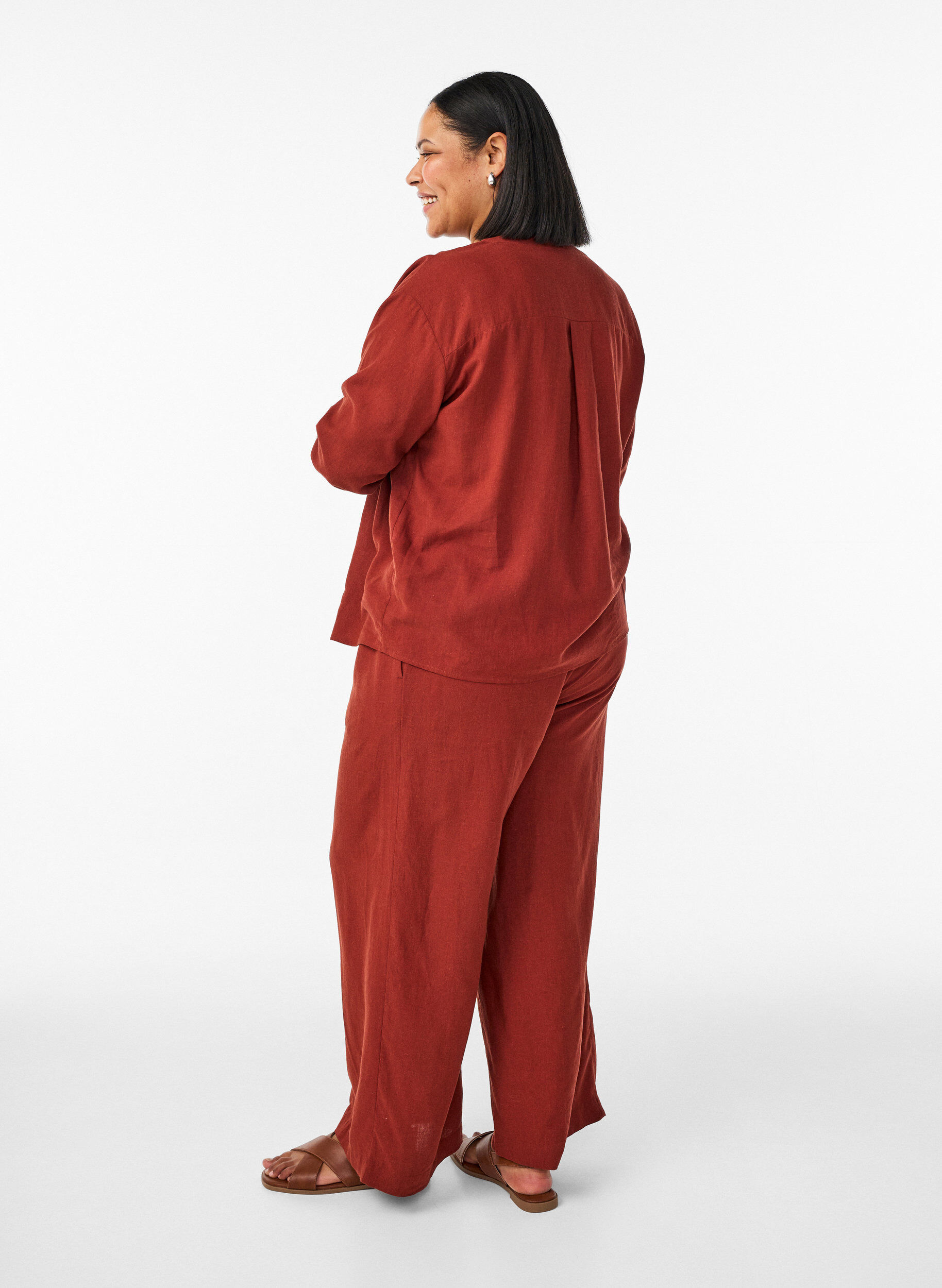 ZizziWijde linnen en viscose broek, Rood, Model image number 1