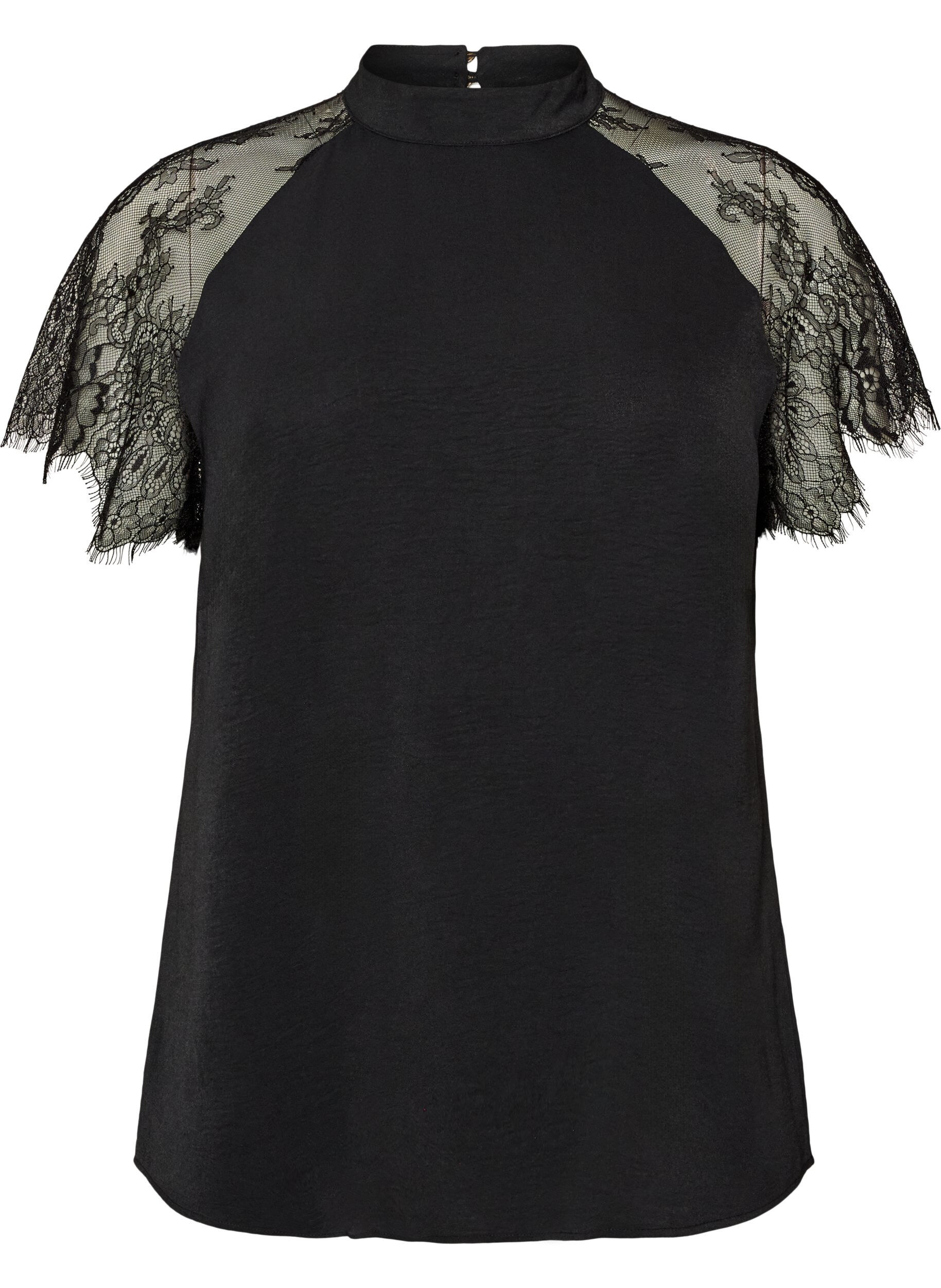 ZizziBlouse met korte kanten mouwen en hoge hals, Zwart, Packshot image number 0