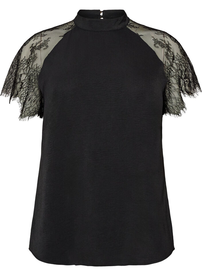 Blouse met korte kanten mouwen en hoge hals, Zwart, Packshot image number 0