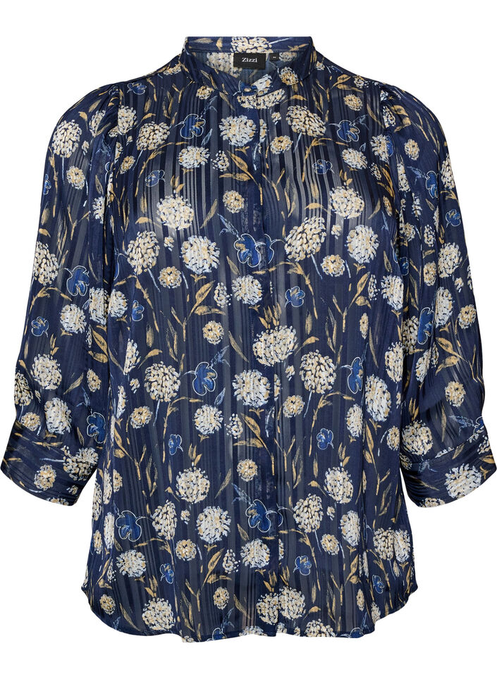 Blouse met patroon, opstaande kraag en 3/4-mouwen, Blauw, Packshot image number 0