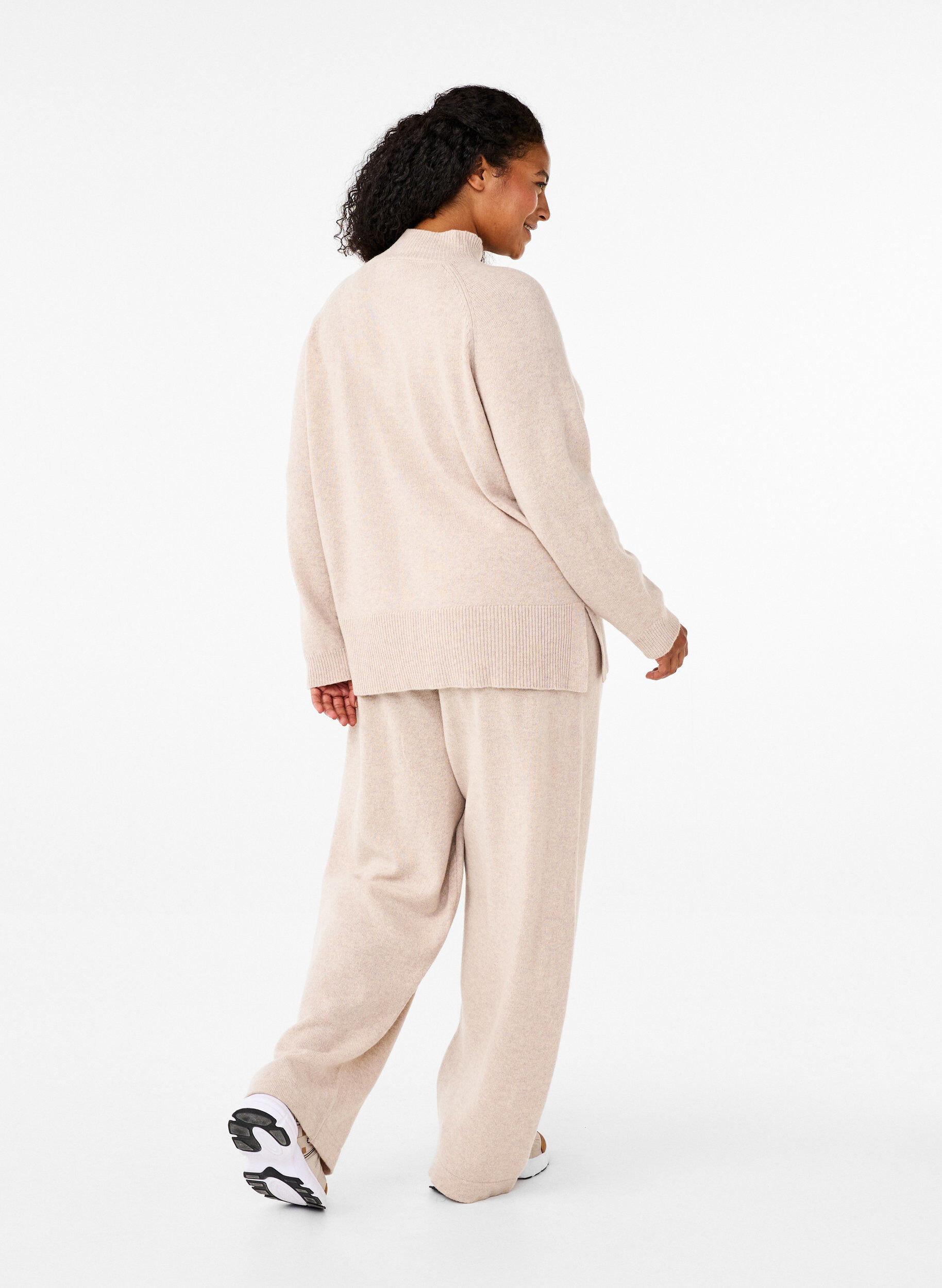 Zizzi Gebreide broek in merinowol met hoge taille, Pumice Stone Mel., Model image number 1