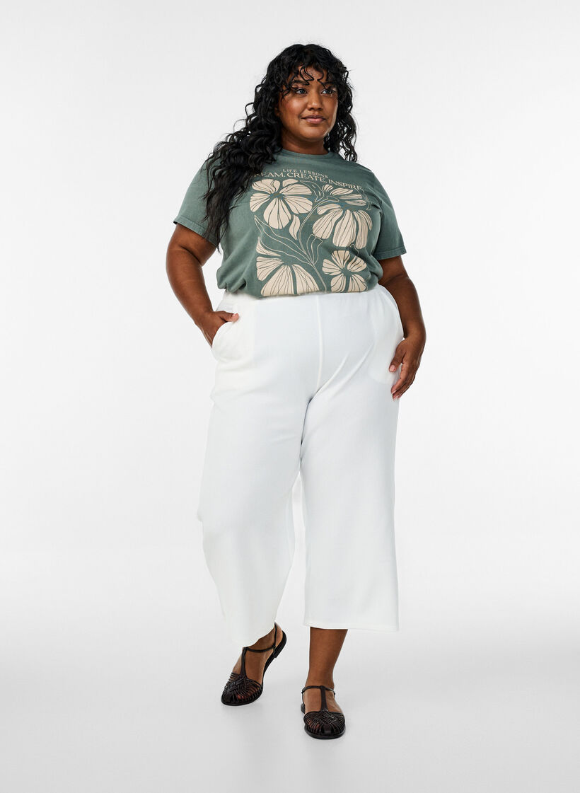 T-shirt met tekst en bloemenprint van biologisch katoen, Groen, Model image number 1