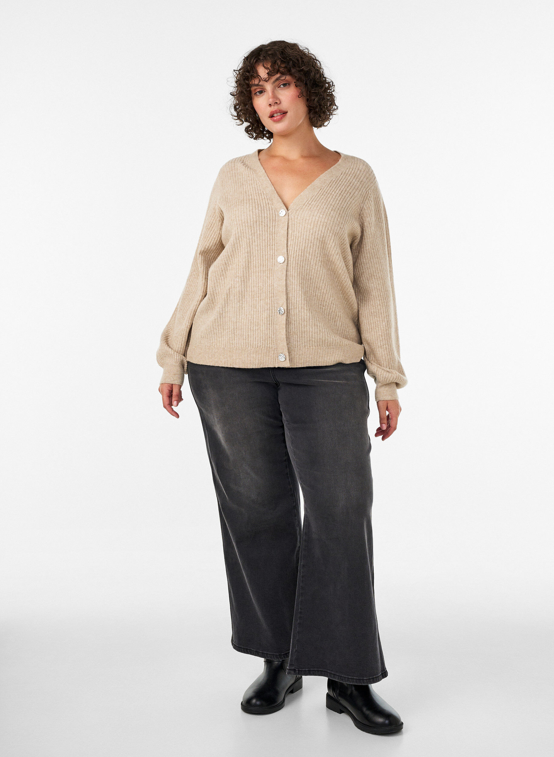 ZizziVest met V-hals en ribstructuur, Beige, Model image number 1