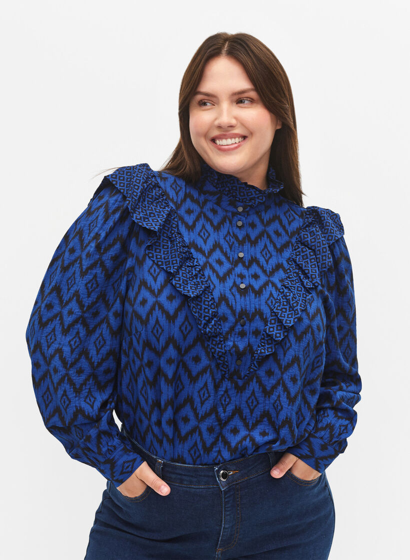 Viscose shirt blouse met franjes, True blue w. Black, Model image number 0