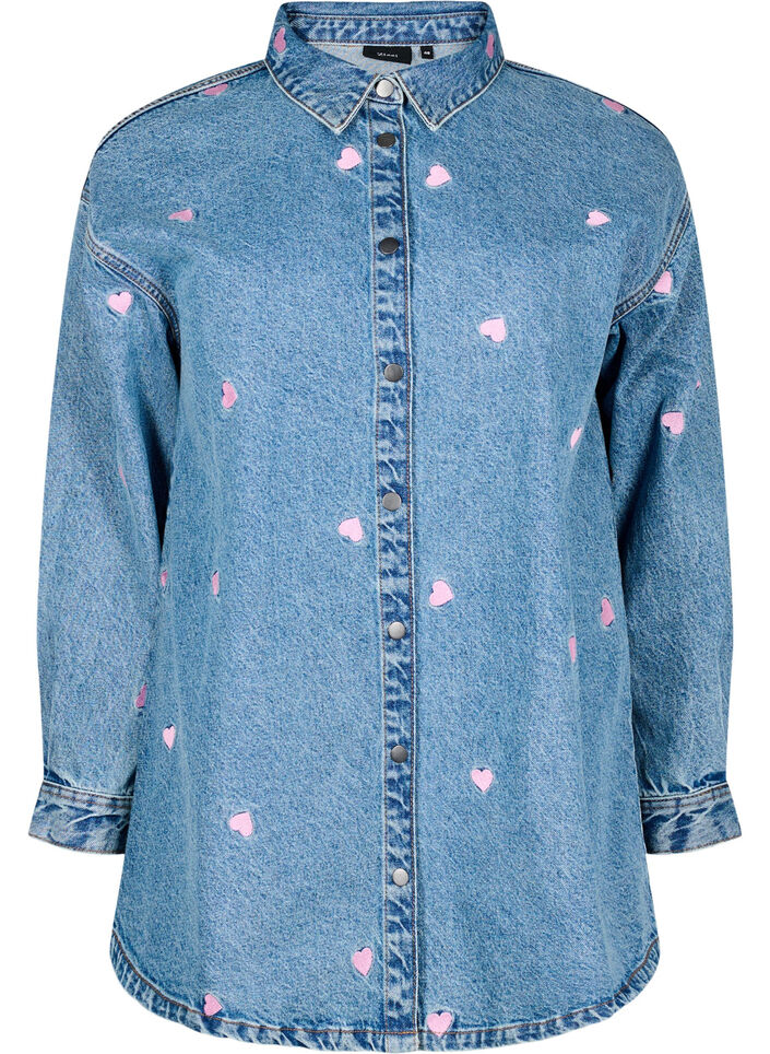Losse denimshirt met geborduurde hartjes, Light Blue Heart, Packshot image number 0
