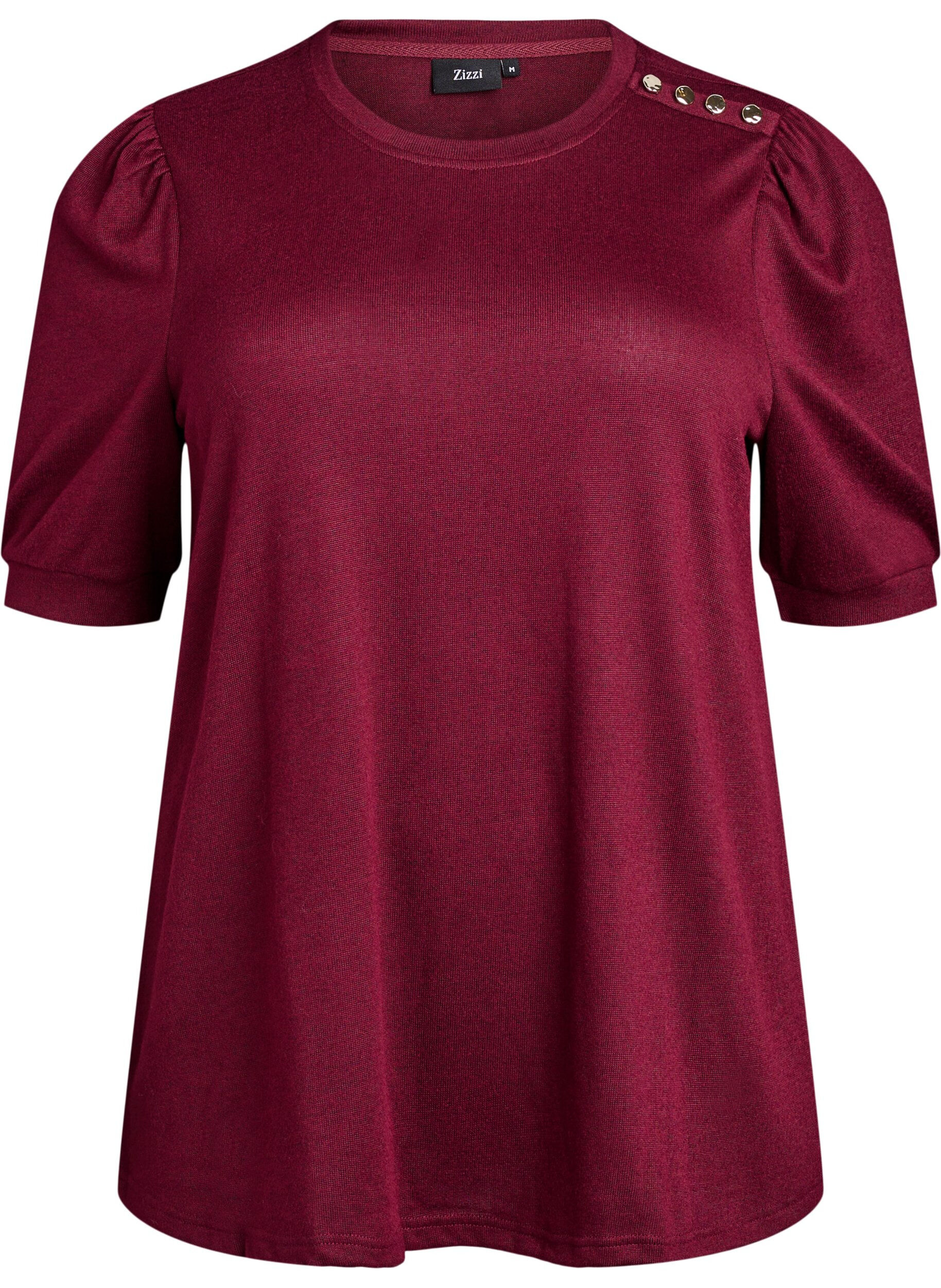 ZizziBlouse met knoopdetail en korte pofmouwen, Donker Bordeaux, Packshot image number 0