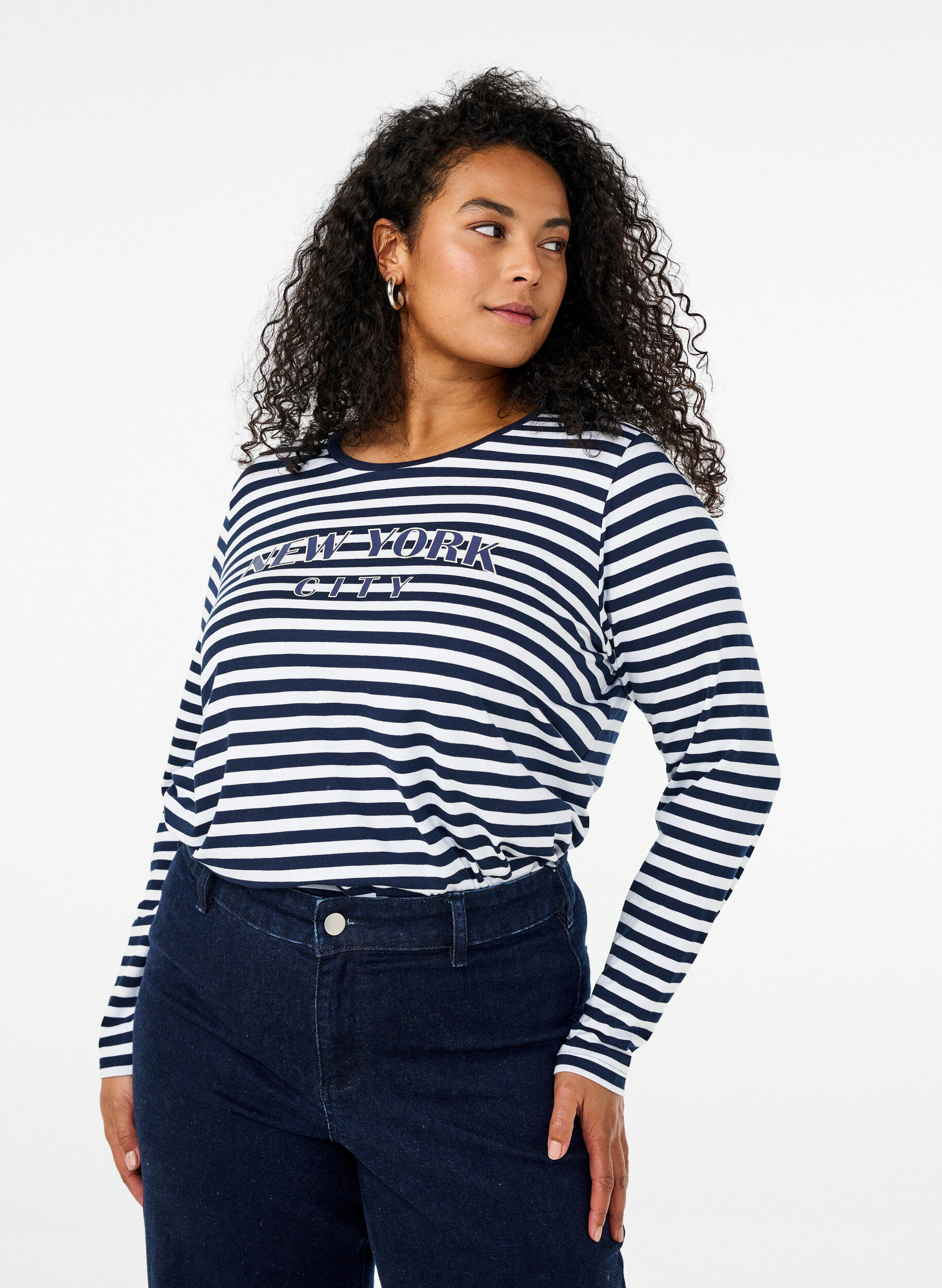 Zizzi Gestreepte blouse met motief, White w.Navy Stripe, Model image number 0