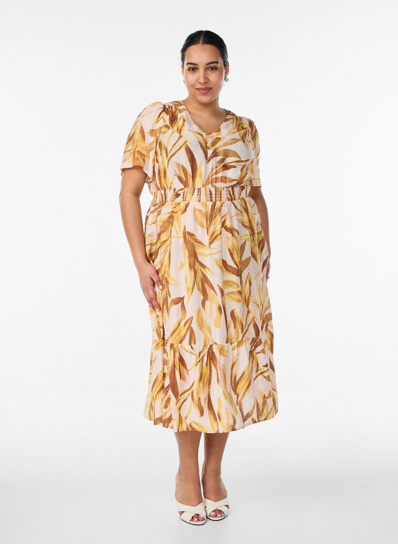 Viscose midijurk met bladprint en gesmokte taille, Geel, Model image number 0
