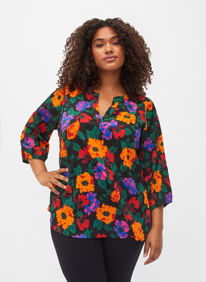 Bloemen blouse met 3/4 mouwen, Multi Flower AOP, Model image number 0