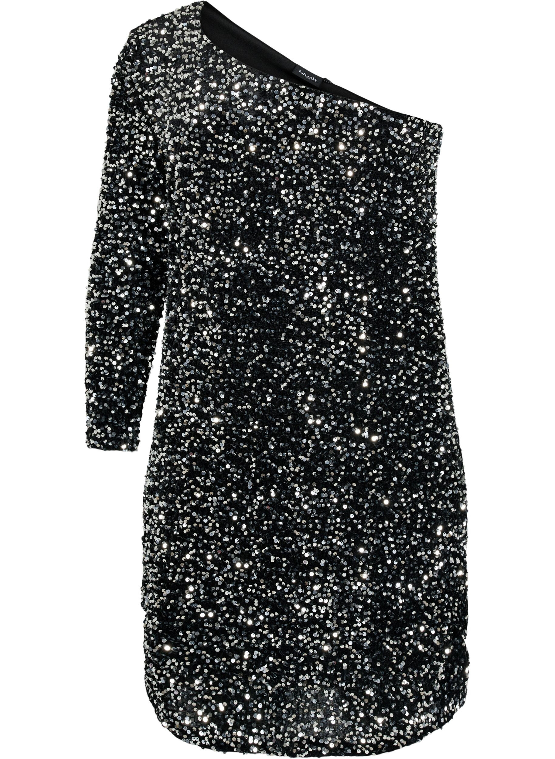 Zizzi Korte one-shoulder jurk met pailletten, Black/Silver Sequins, Packshot image number 0