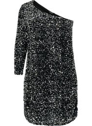 Korte one-shoulder jurk met pailletten, Black/Silver Sequins