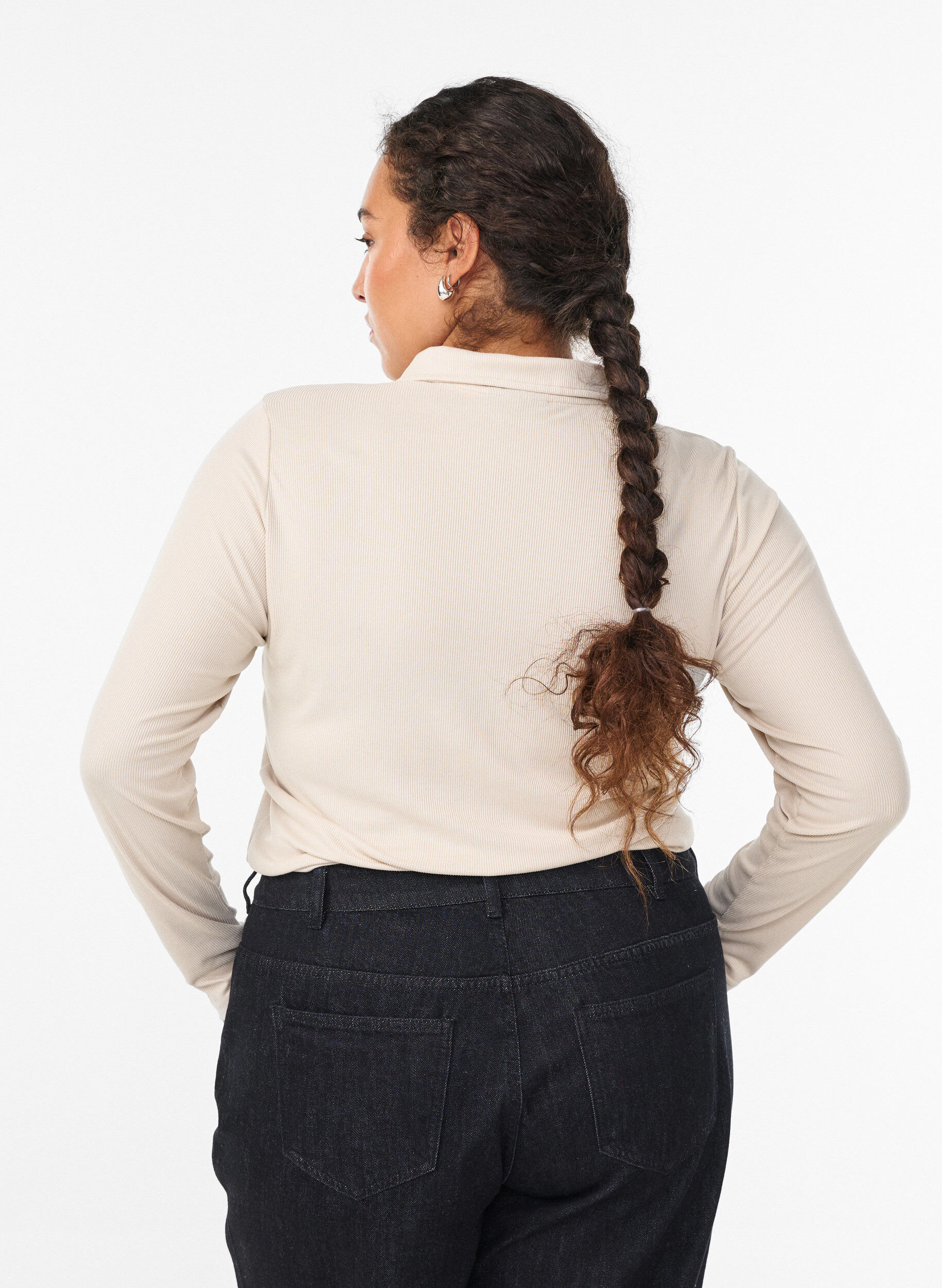 Zizzi Polo in zachte rib met lange mouwen, Beige, Model image number 2