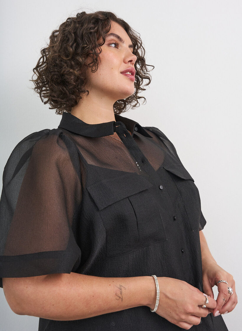 Organza jurk met puffmouwen en borstzakken, Zwart, Model image number 3