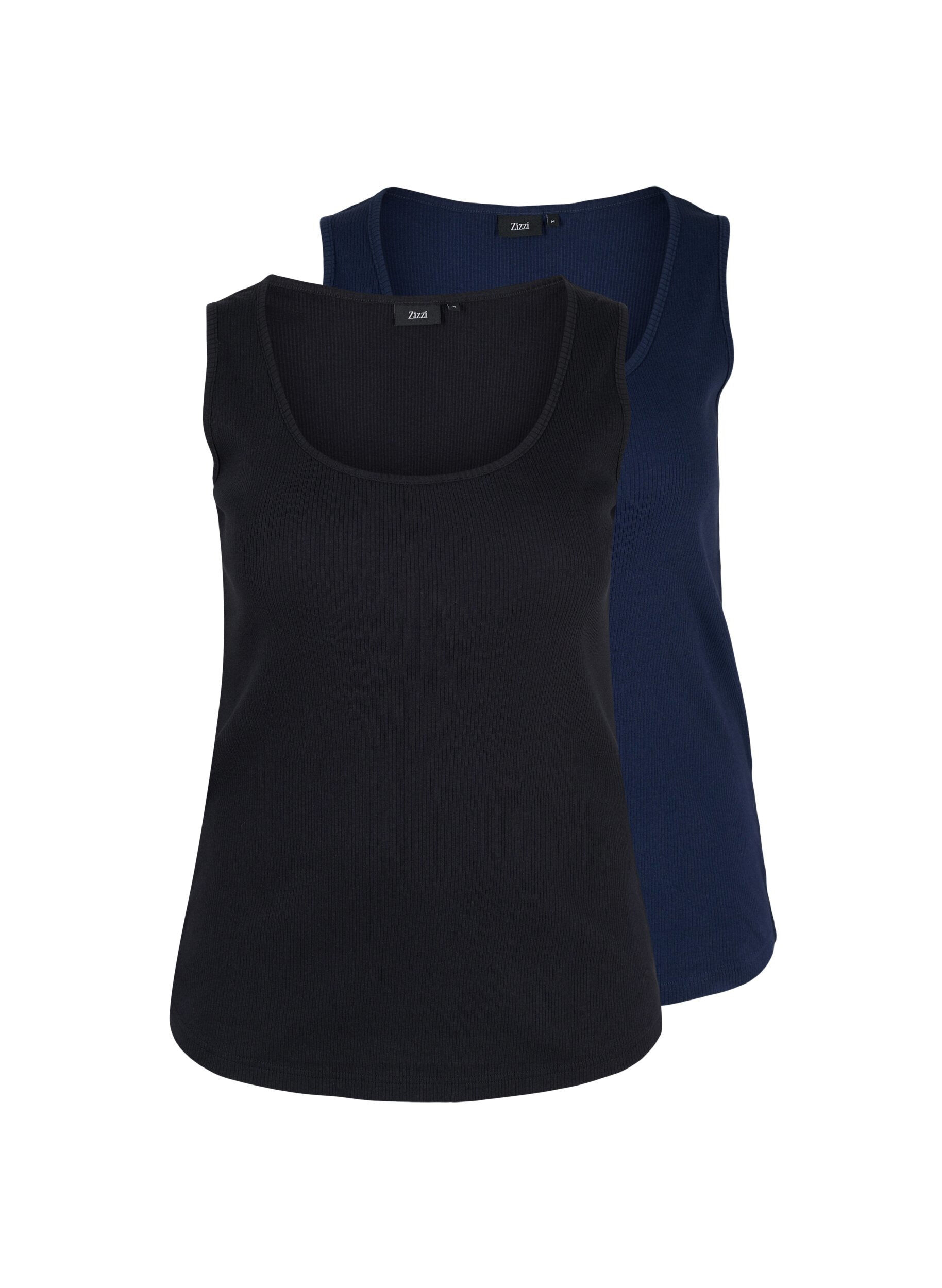 Zizzi 2-pack basic tanktops in rib, Black/Navy Blazer, Packshot image number 0