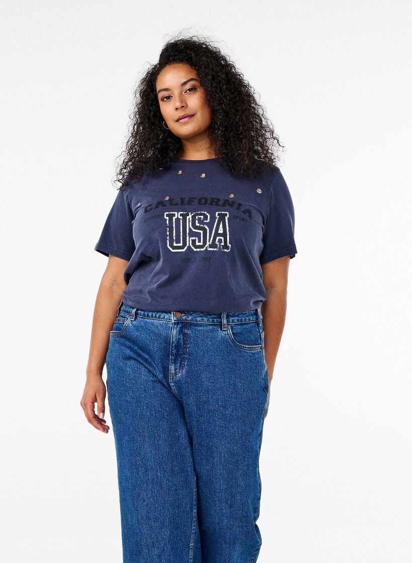 T-shirt met oogjes en print, Navy Washed , Image image number 0