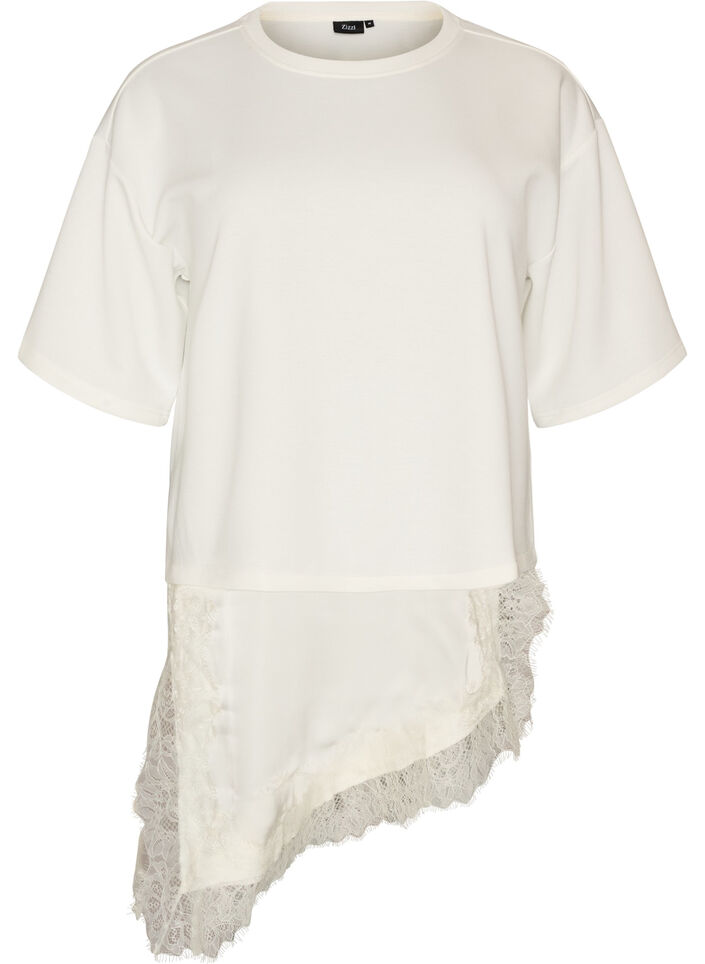 Jersey blouse met gelaagde look en kant, Vanille, Packshot image number 0