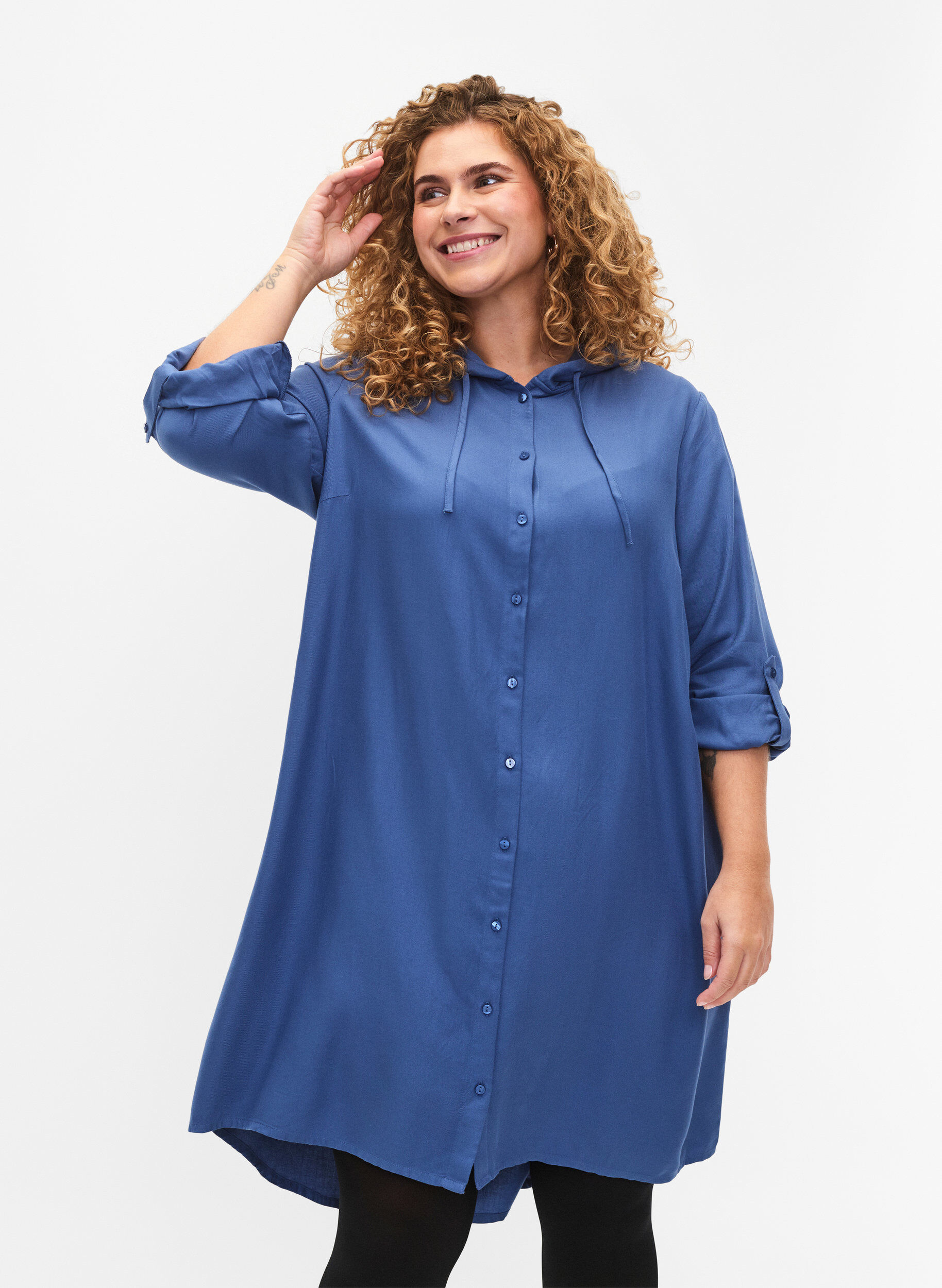 Zizzi Overhemdjurk van viscose met capuchon en 3/4 mouwen, Moonlight Blue, Model image number 0