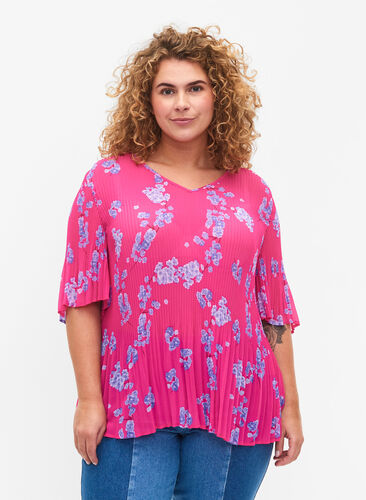 Gebloemde geplooide blouse, Beetroot Purple AOP, Model image number 0