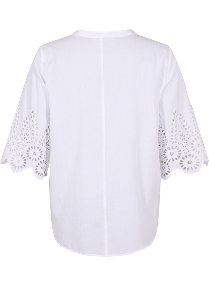 Overhemdblouse met broderie anglaise en 3/4 mouwen, Bright White, Packshot image number 1