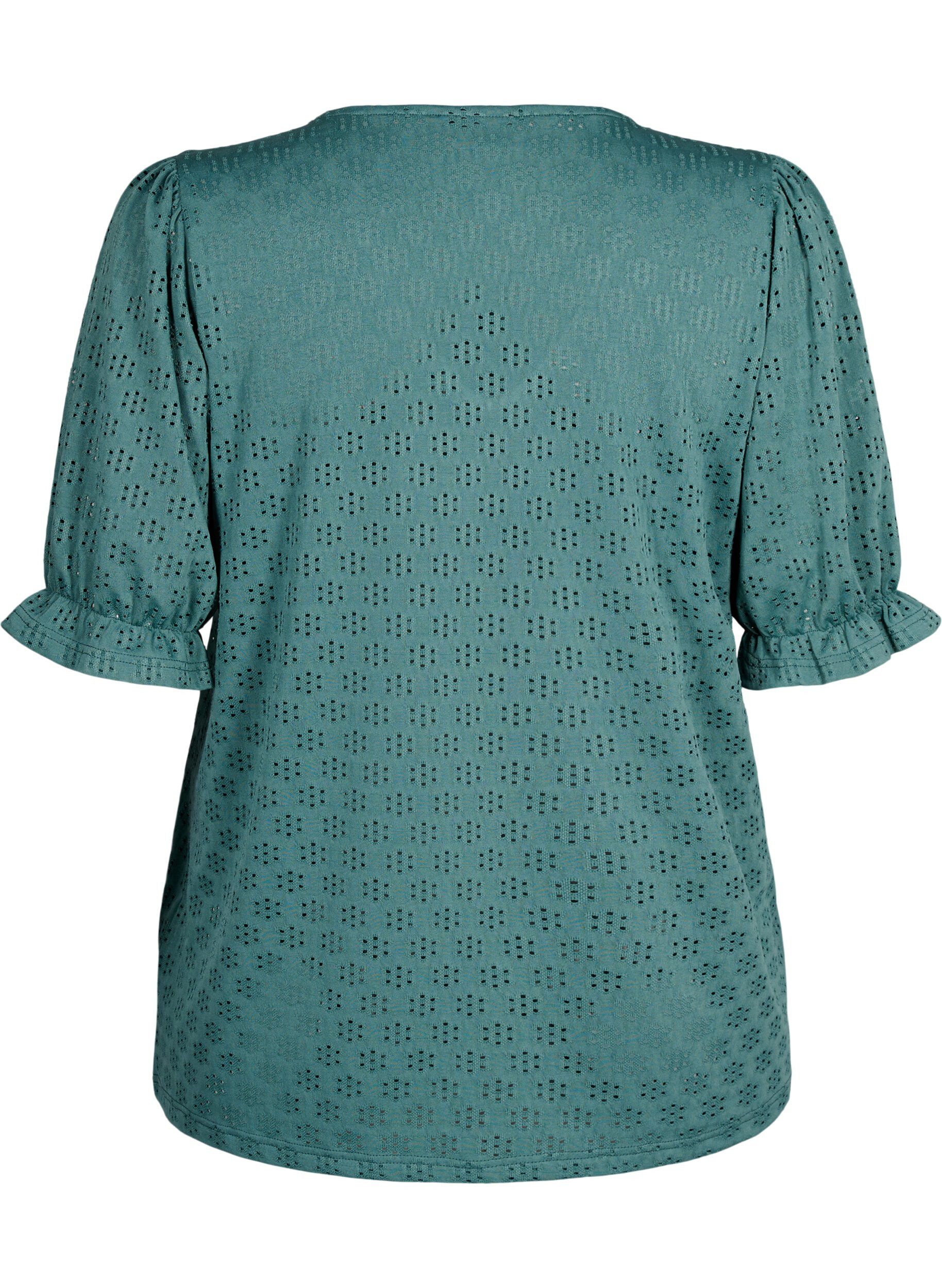 Zizzi Blouse met V-hals en gaatjespatroon, Sea Pine, Packshot image number 1