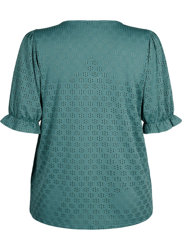 Blouse met V-hals en gaatjespatroon, Sea Pine, Packshot image number 1
