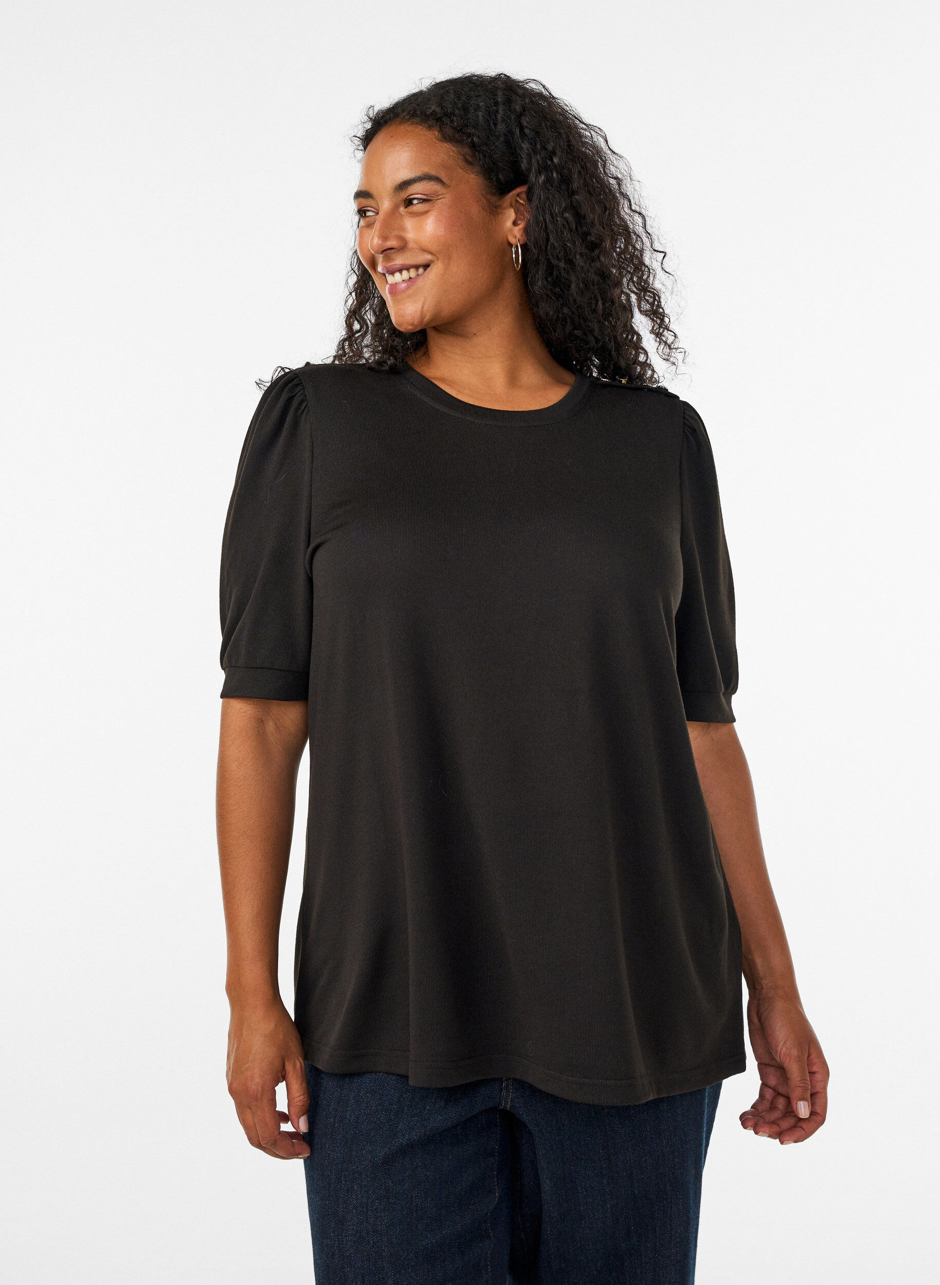 Blouse met knoopdetail en korte pofmouwen, Zwart, Model