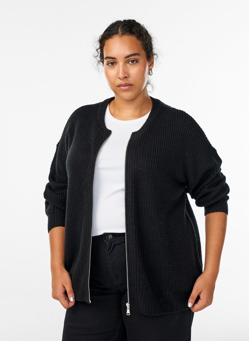 Breigoed cardigan met ritssluiting, Zwart, Model image number 0