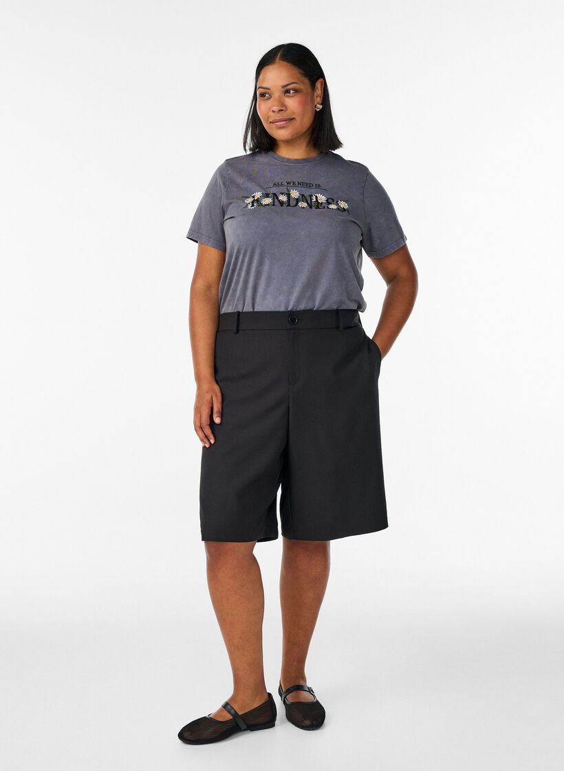 Katoenen T-shirt met gewassen look en geborduurd motief, Grijs, Model image number 1