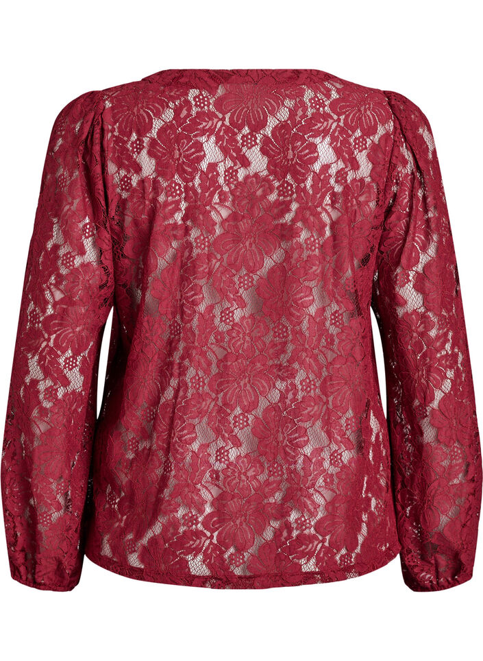 Kanten blouse met open voorkant en strikbandjes, Donker Bordeaux, Packshot image number 1