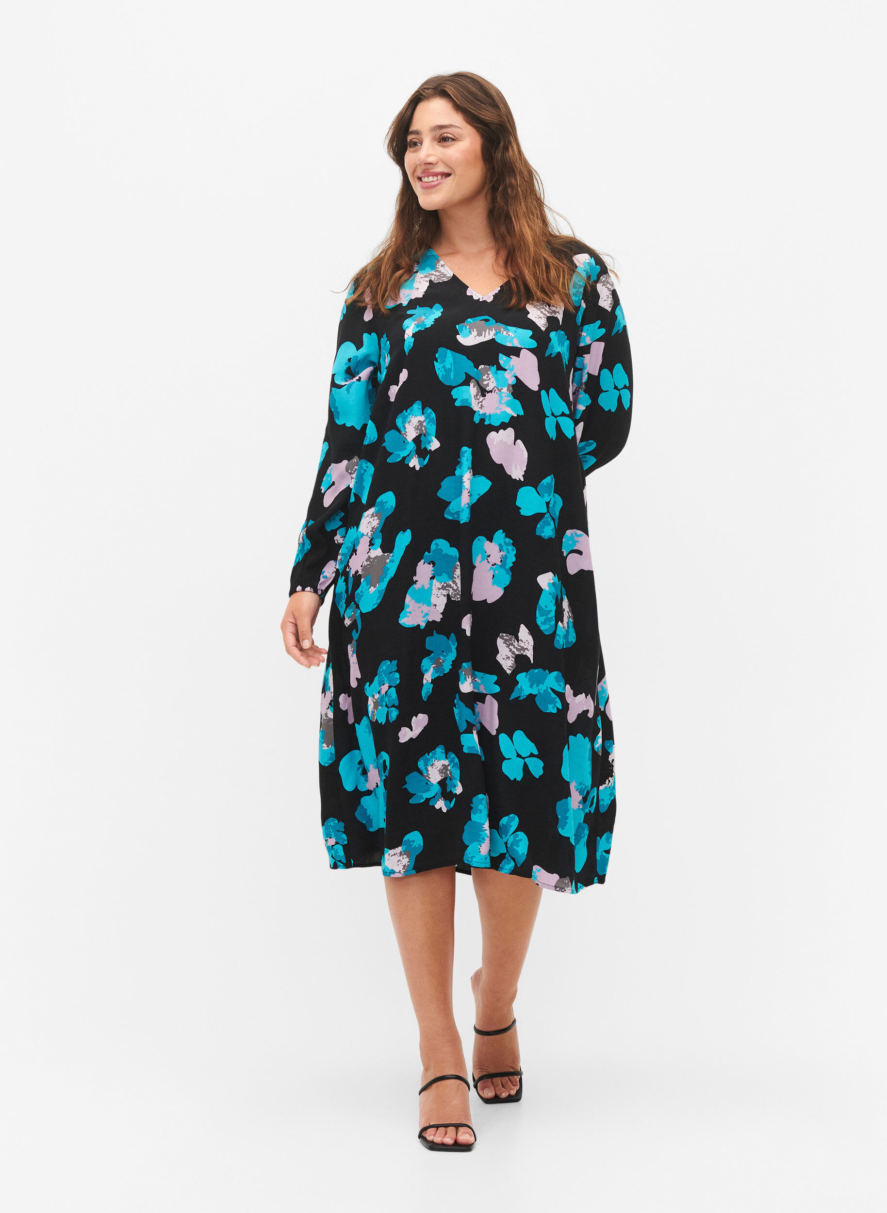 Zizzi Viscose jurk met lange mouwen en print, Blue AOP, Model image number 3