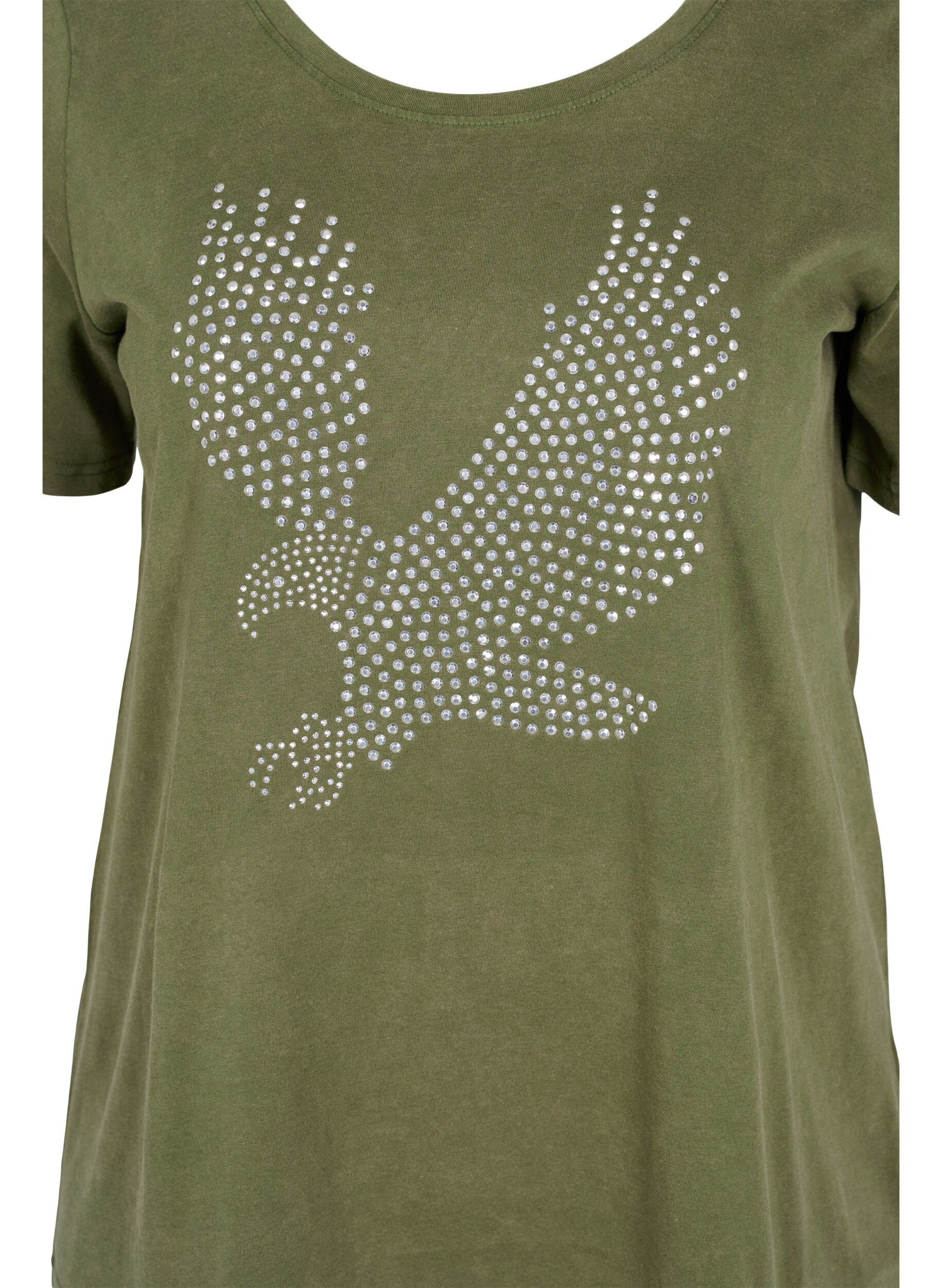 Zizzi Katoenen t-shirt met acid wash en steentjes, Ivy Green Wash, Packshot image number 2