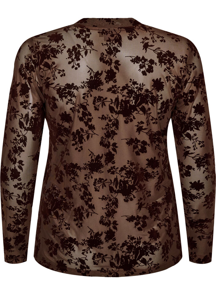 Mesh blouse met bloemenpatroon, Bruin, Packshot image number 1