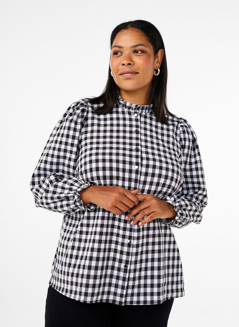 Geruite shirt blouse met ruchesdetails, Black/W. Gingham, Model image number 0