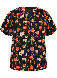 Blouse met korte mouwen en v-halslijn, Zwart