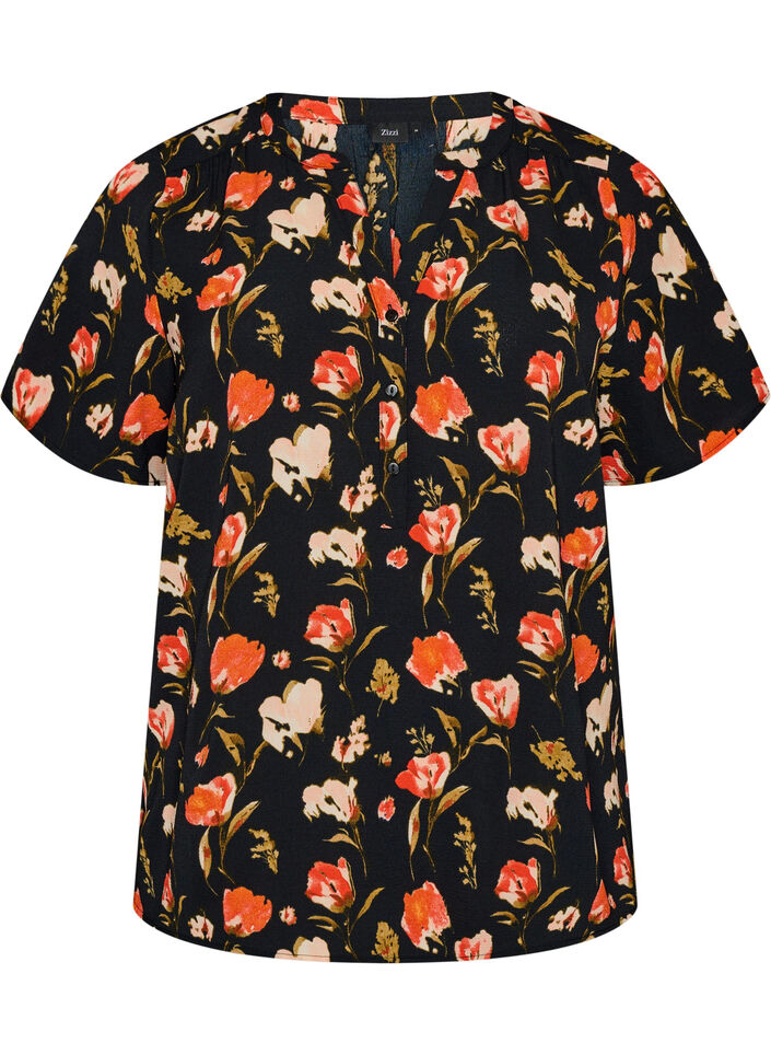 Blouse met korte mouwen en v-halslijn, Zwart, Packshot image number 0