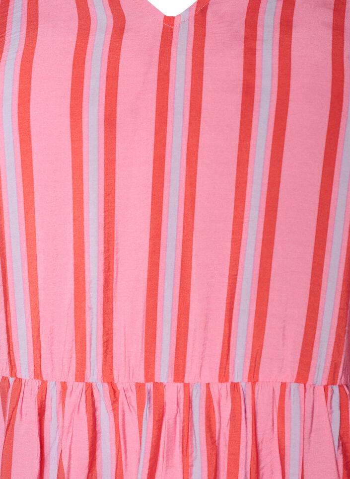 Gestreepte midijurk met empirelijn en ruches, Roze, Packshot image number 2