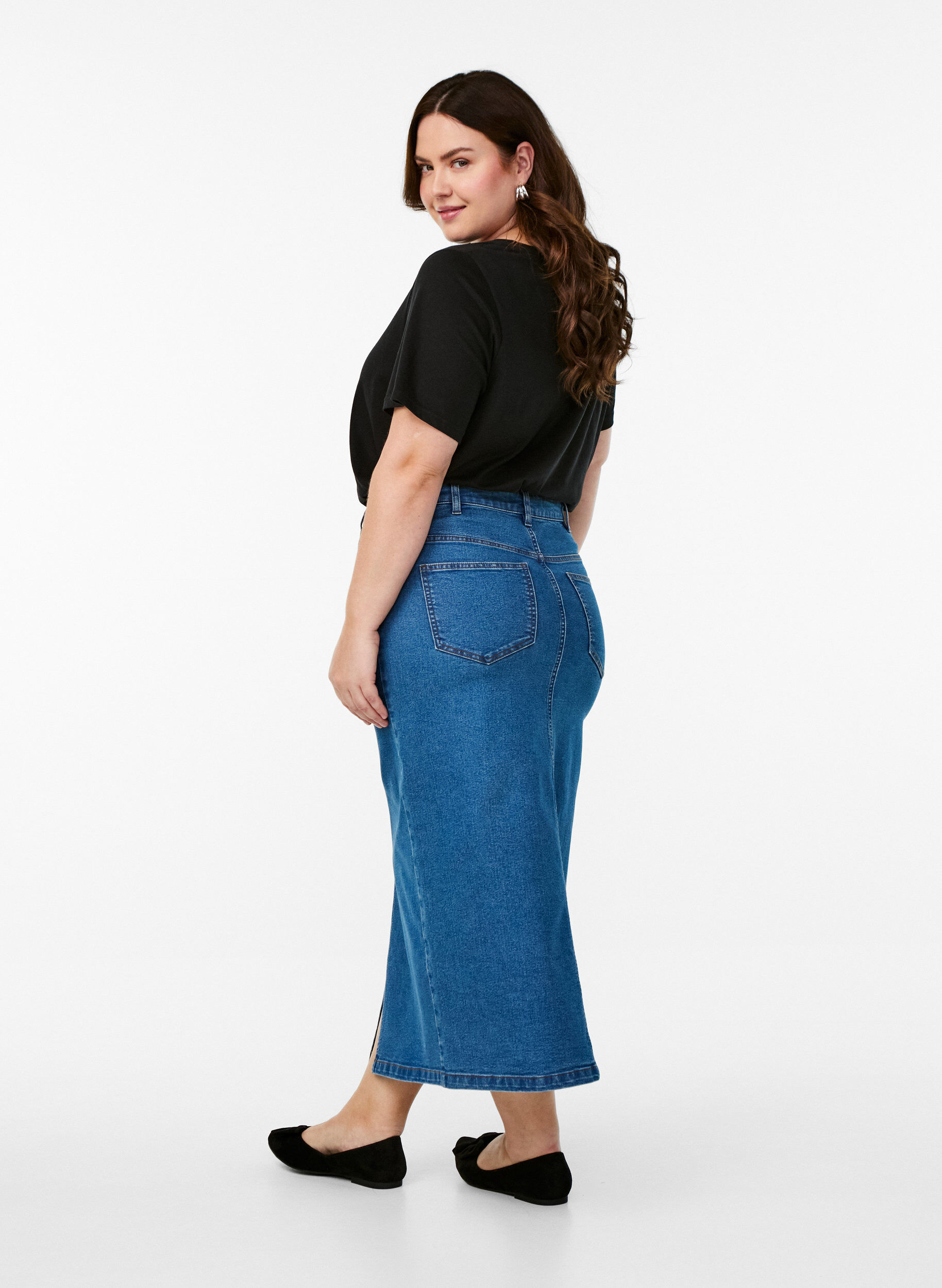 Zizzi FLASH - Halflange denimrok met een voorsplit, Blauw, Model image number 1