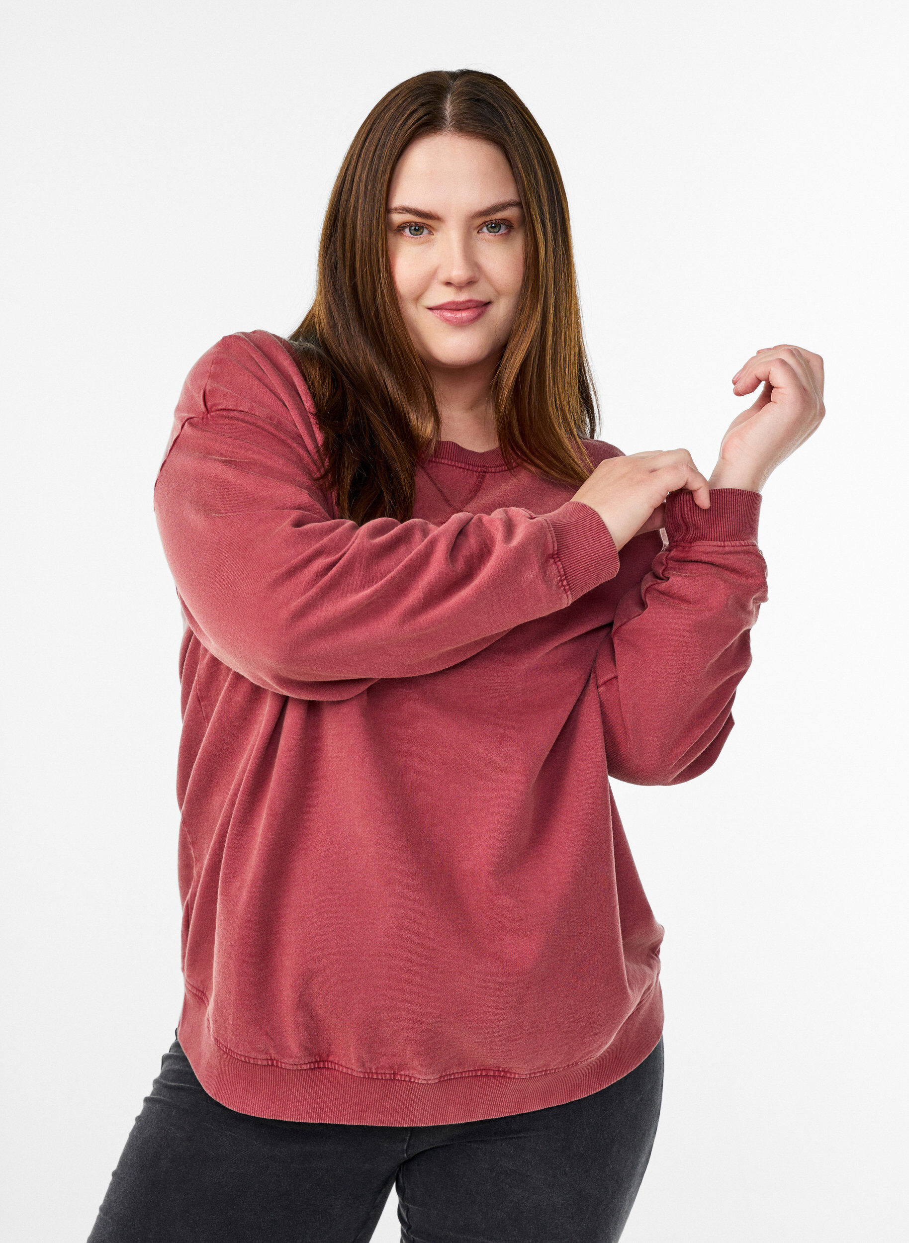 Zizzi Losvallend sweatshirt met gewassen look, Rood, Model image number 0