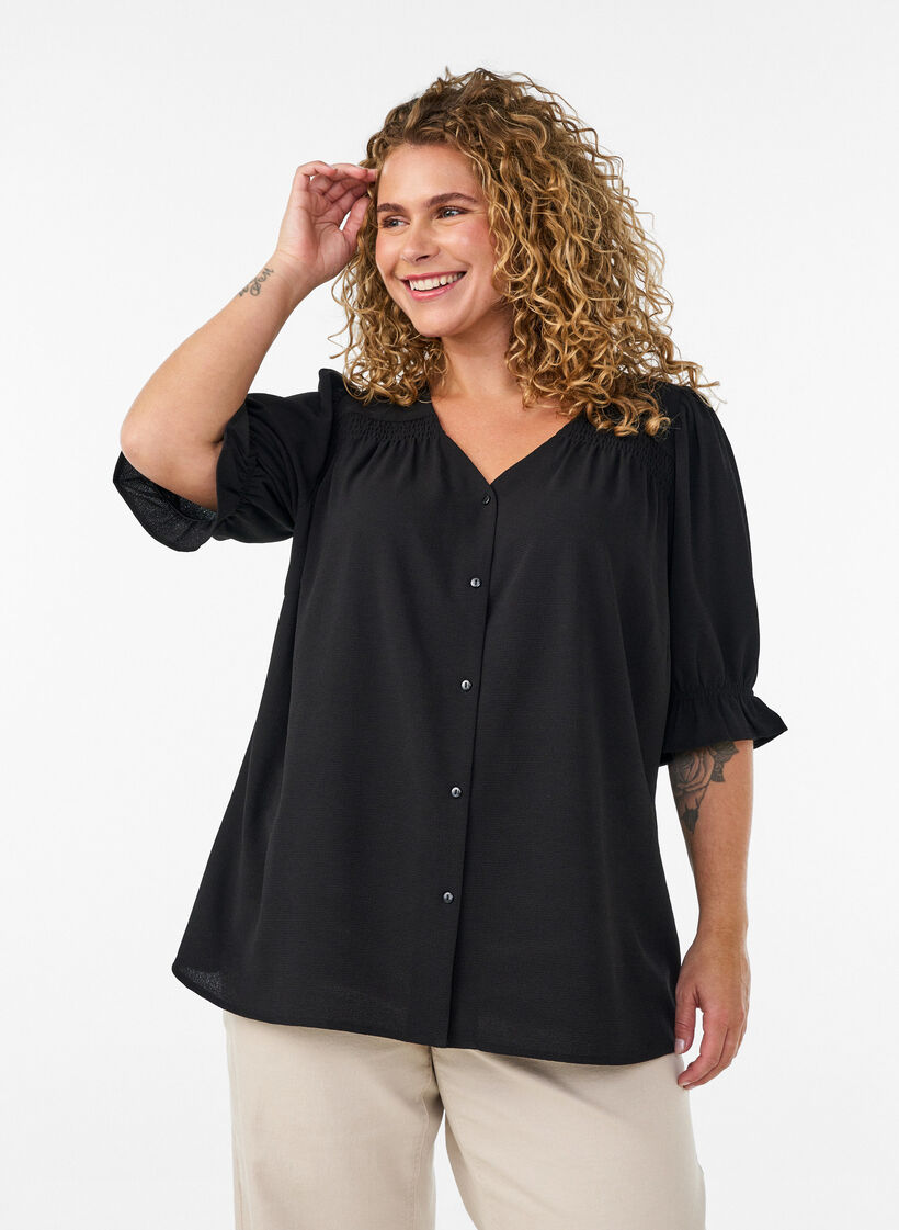 Shirtblouse met 1/2 mouwen, Zwart, Model image number 0