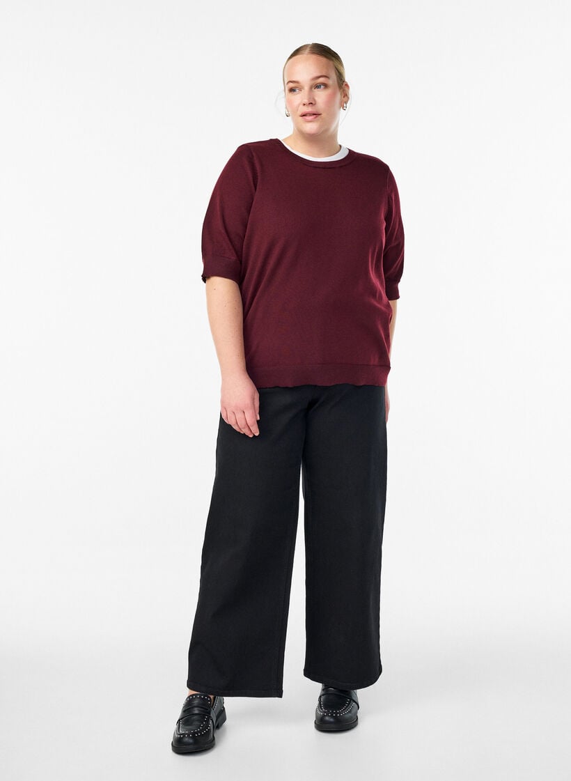 Fijngebreide blouse met korte mouwen, Rood, Model image number 1
