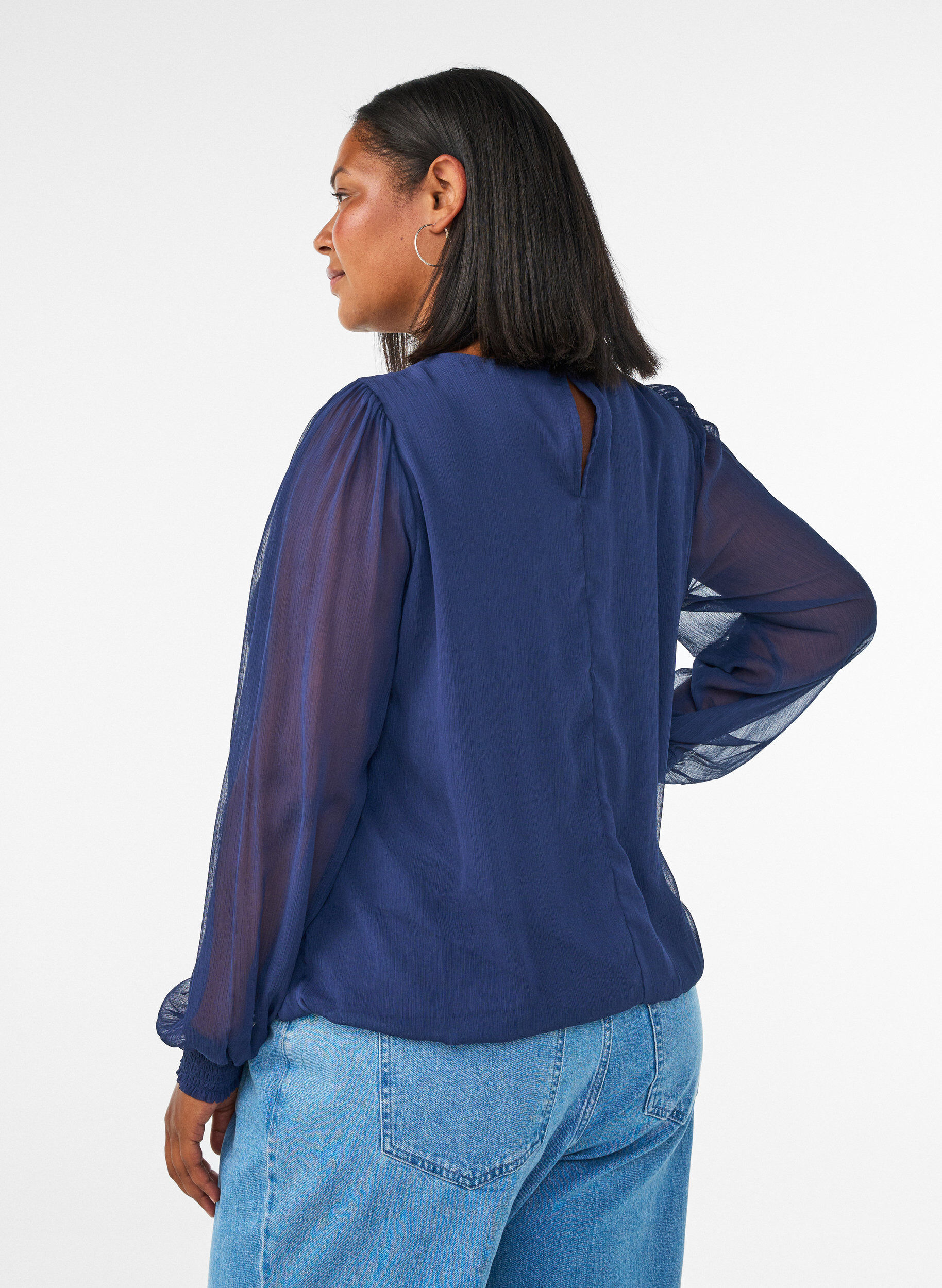 ZizziChiffonblouse met doorschijnende mouwen, Blauw, Model image number 2