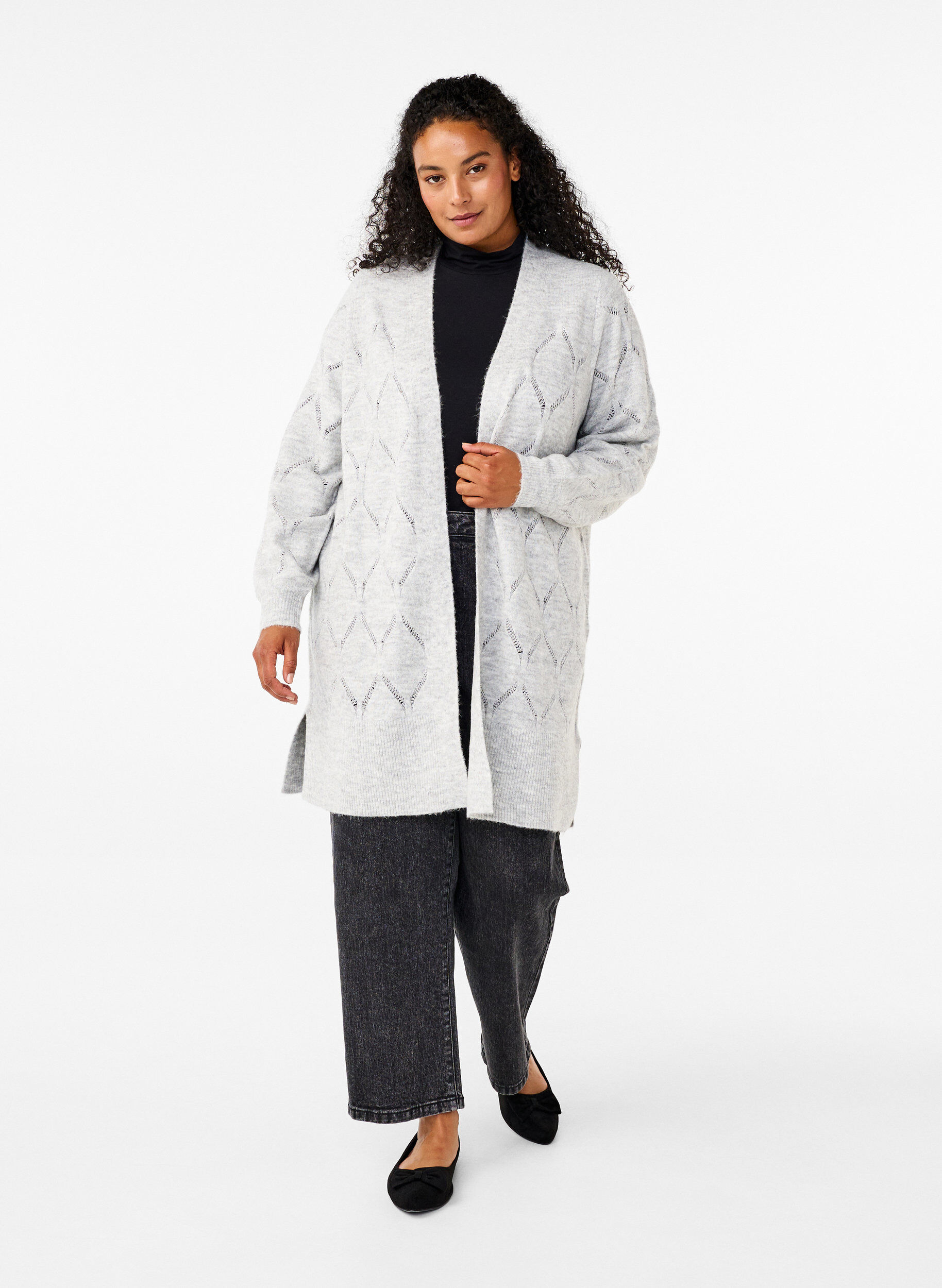 Zizzi Gebreid vest met lange mouwen, Light Grey Melange, Model image number 2