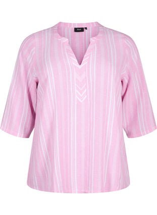 Gestreepte blouse in een mix van linnen en viscose, Rosebloom Wh.Stripe, Packshot image number 0